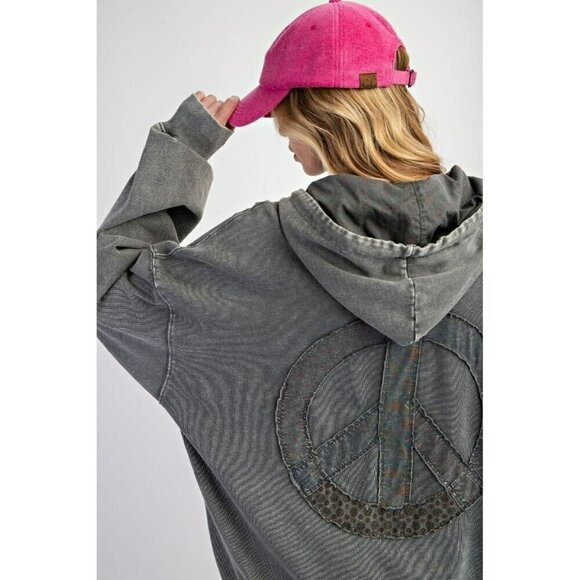 Heart and Soul Peace Sign French Terry Hoodie in Ash - Picture 1 of 4